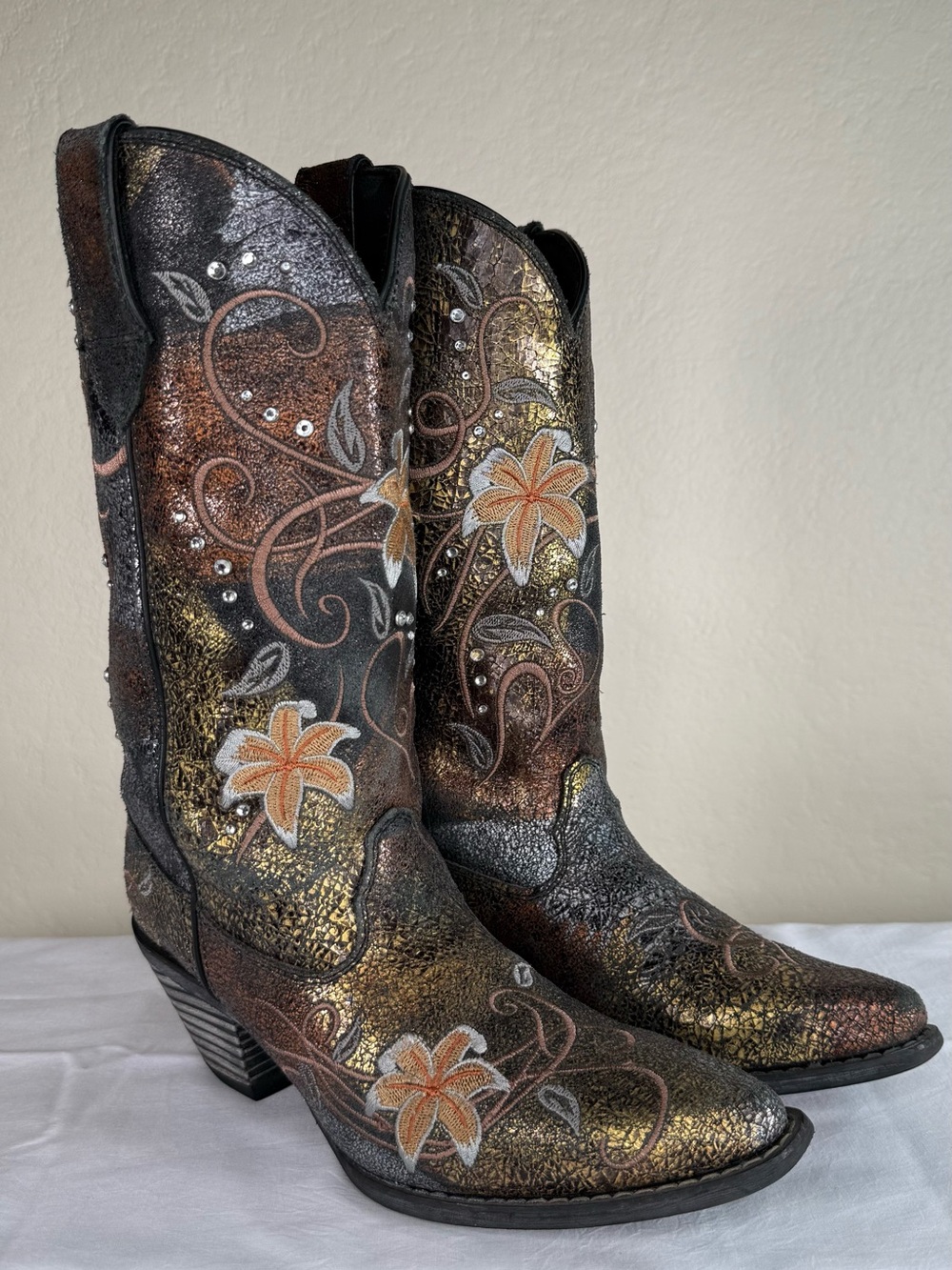 Durango Rhinestone Embroidered Western Metallic Floral Rodeo Cowboy Boots SZ 6.5